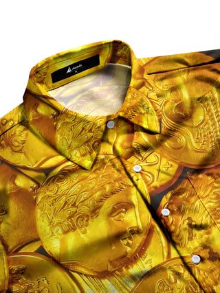 Men's casual gold coin print short sleeve shirt side view