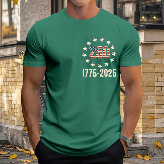 Men everyday American flag print short sleeve graphic tee lifestyle overhead view for Independence Day