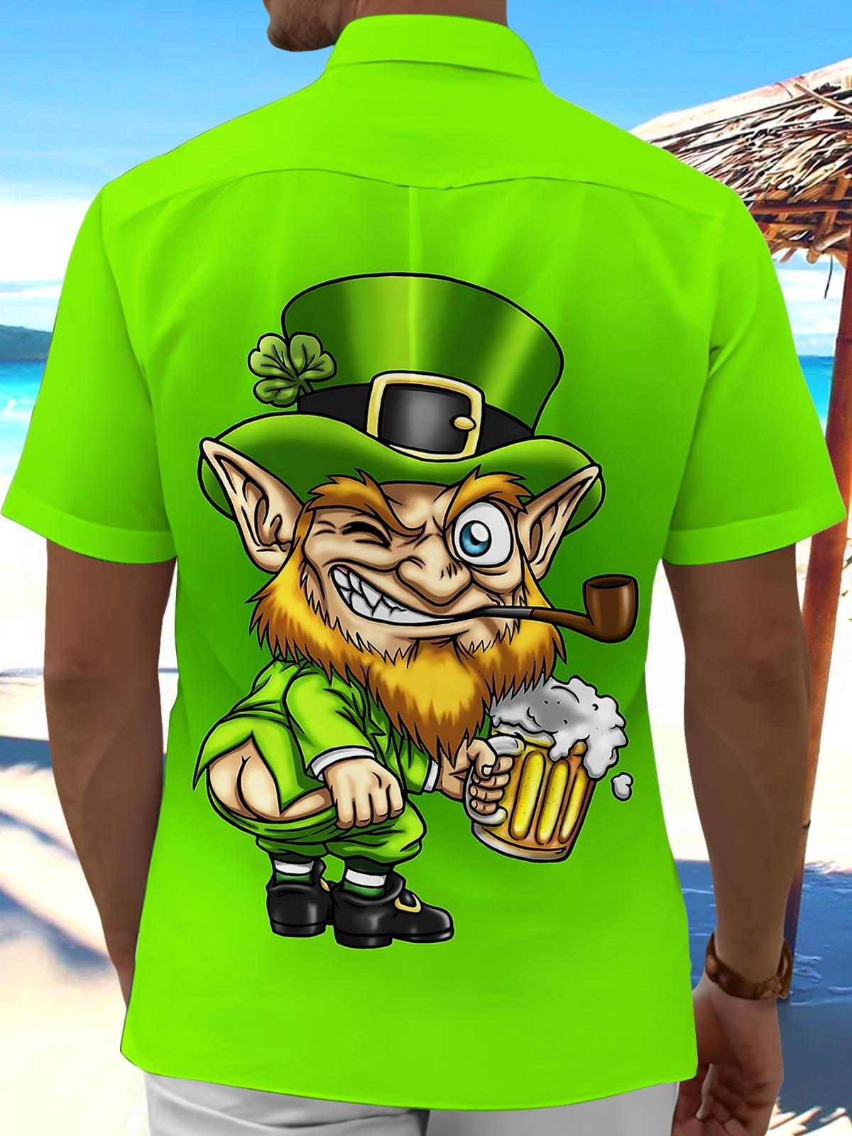 St. Patrick's Day Leprechaun Print Men's Pocket Short Sleeve Shirts