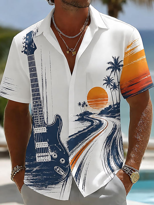 Hawaiian Guitar Coconut Tree Print Men's Pocket Short Sleeve Shirts