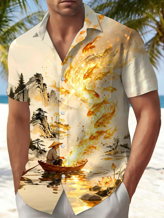 Art Golden Koi Lotus & Landscape Men's Pocket Short Sleeve Shirts