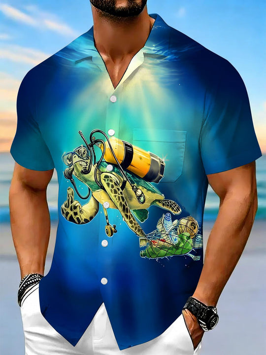 Fun Ocean Environmental Diving Turtle Men's Pocket Short Sleeve Shirts