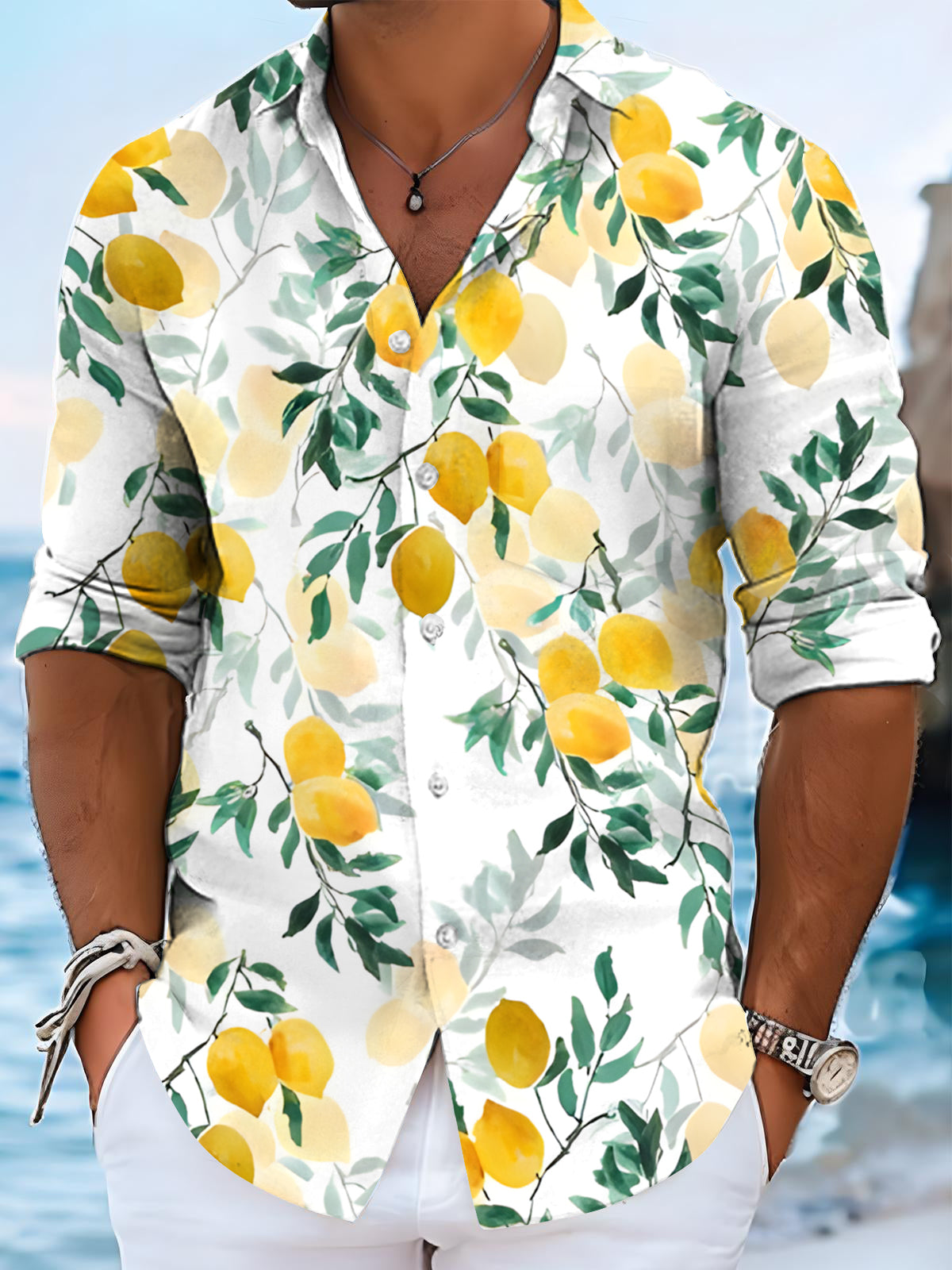 Lemon Leaf Print Men's Pocket Long Sleeve Shirts