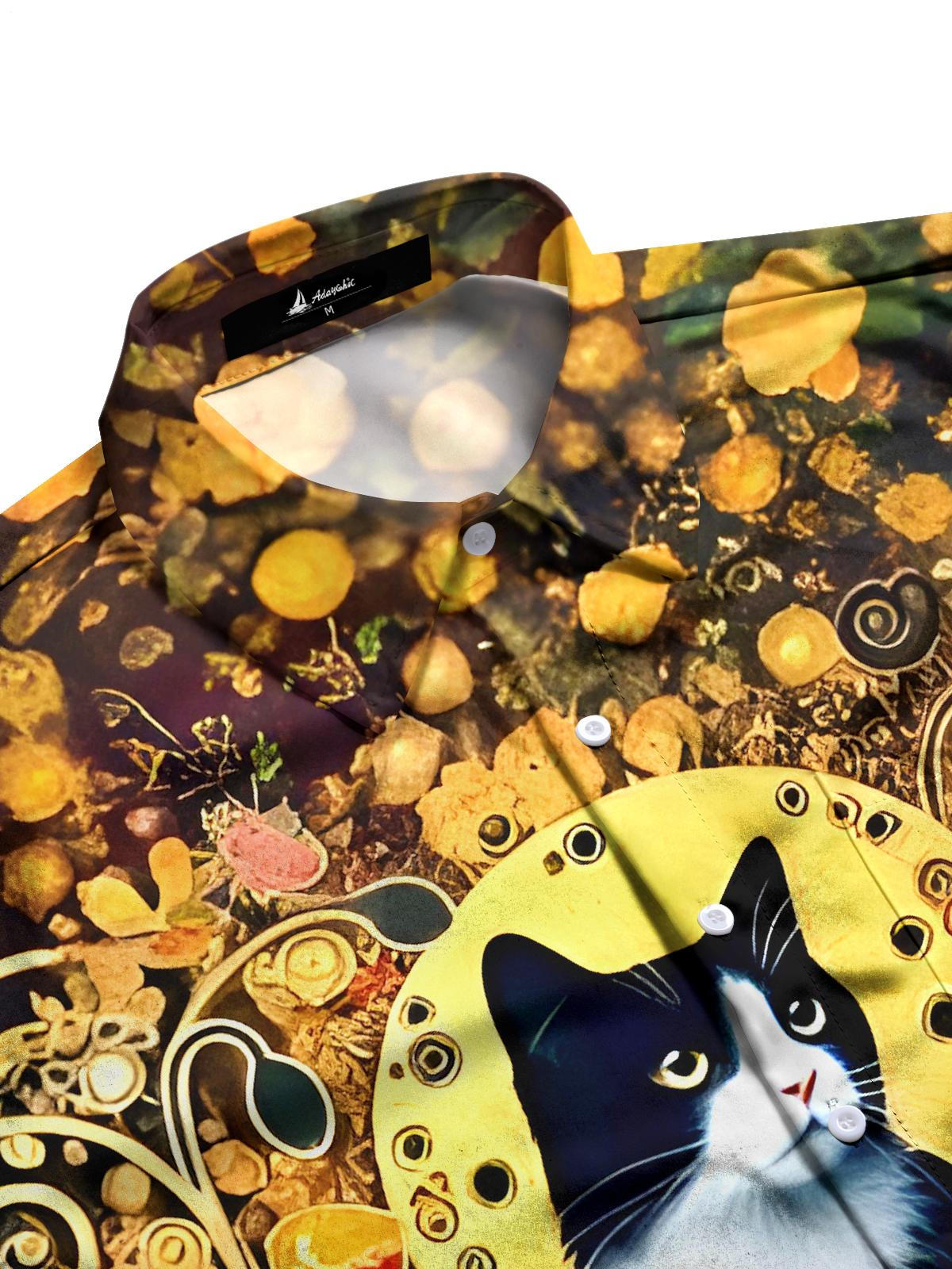 Cat Floral Men's Pocket Short Sleeve Shirts