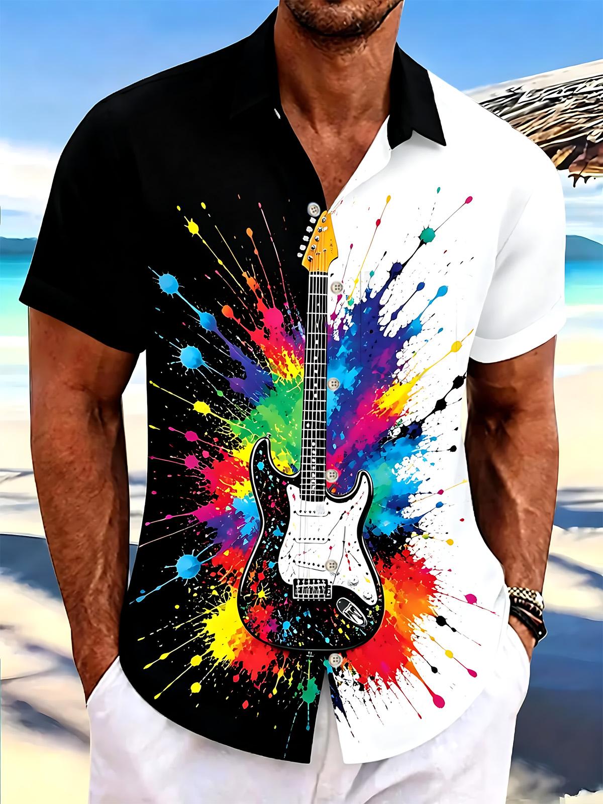 Guitar Print Men's Pocket Short Sleeve Shirts