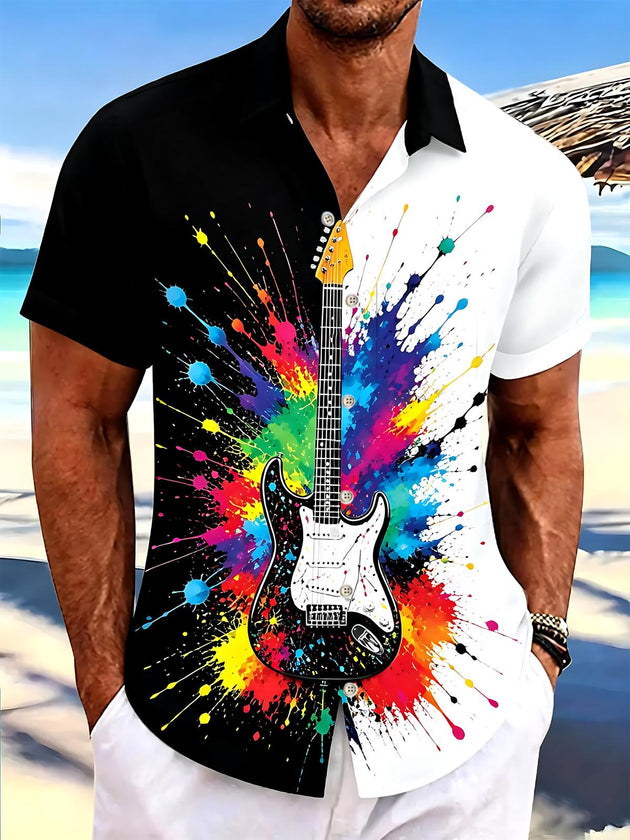 Guitar Print Men's Pocket Short Sleeve Shirts