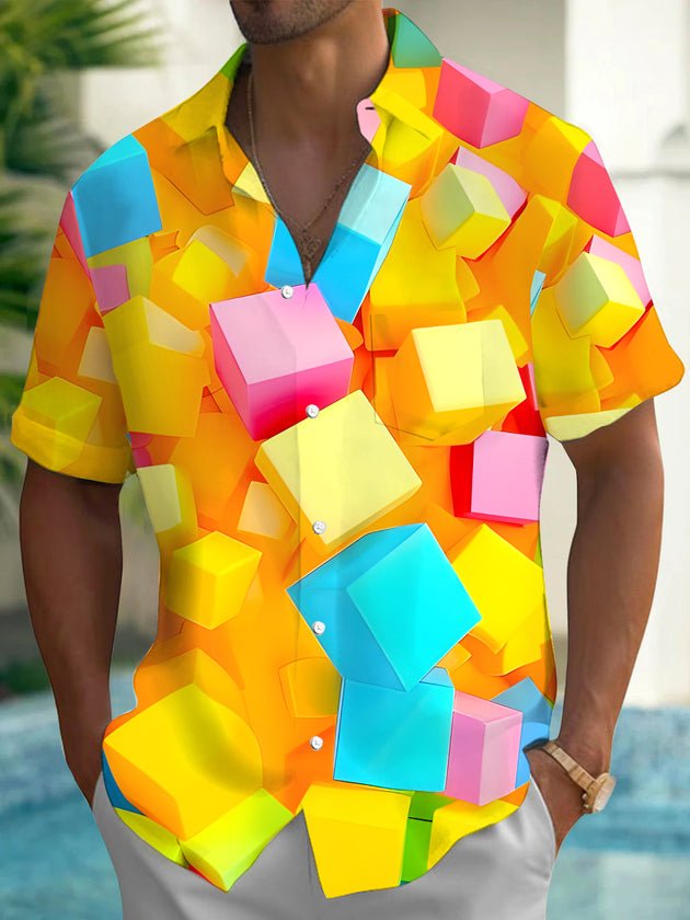 men's short sleeve geometric print pocket shirt front view