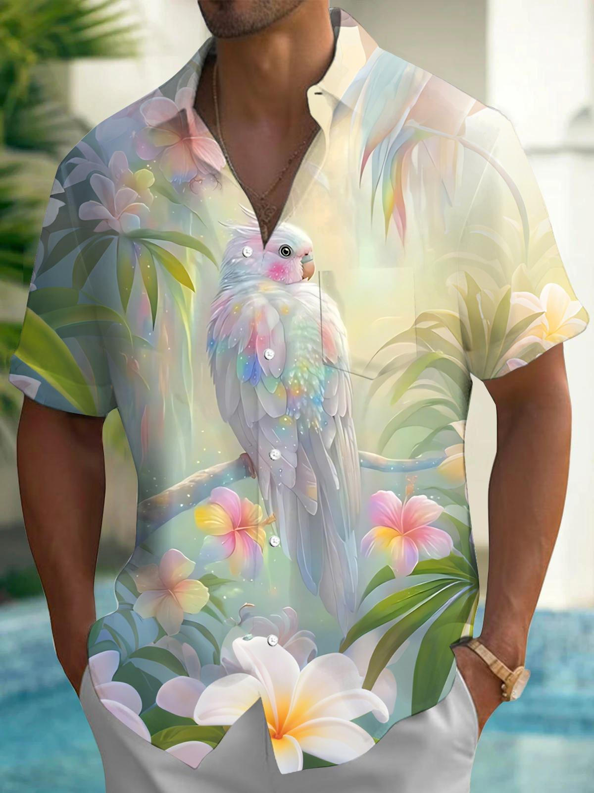 Parrot Print Men's Pocket Short Sleeve Shirts
