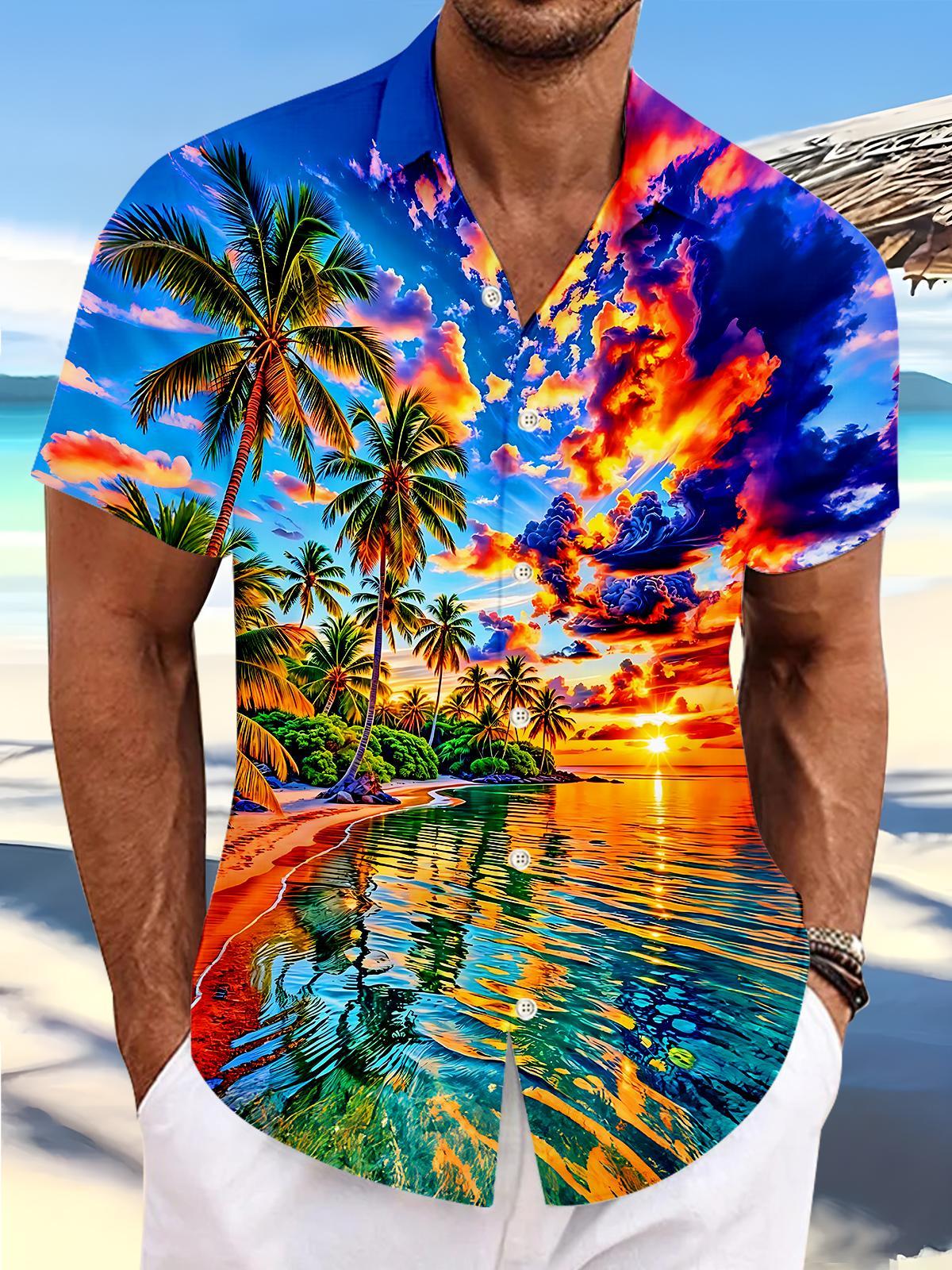 Hawaiian Sunset Coconut Tree Blue Sea Glow Island Scenery Men's Pocket Short Sleeve Shirts
