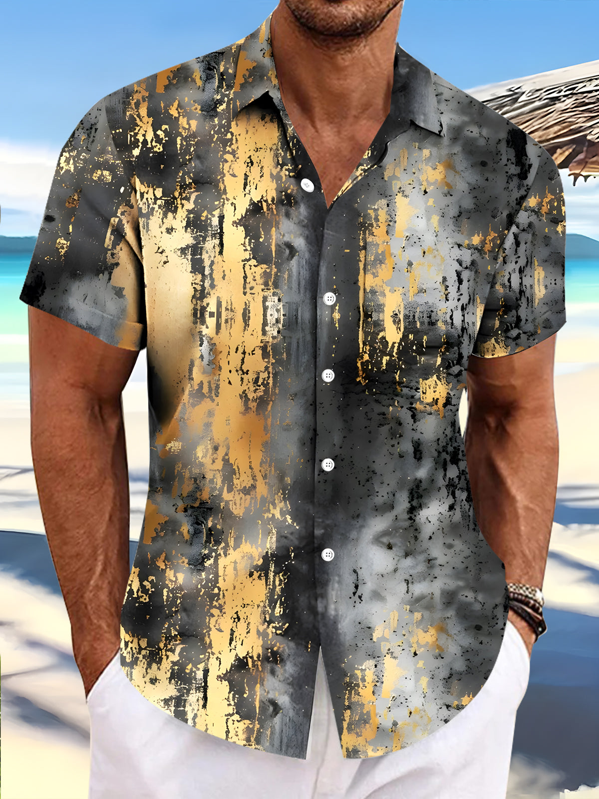Men's abstract tie dye short sleeve shirt front view