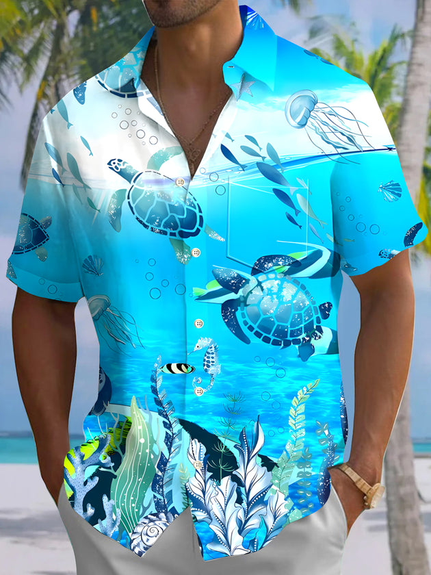men's Hawaiian shirt front view tropical beach vacation