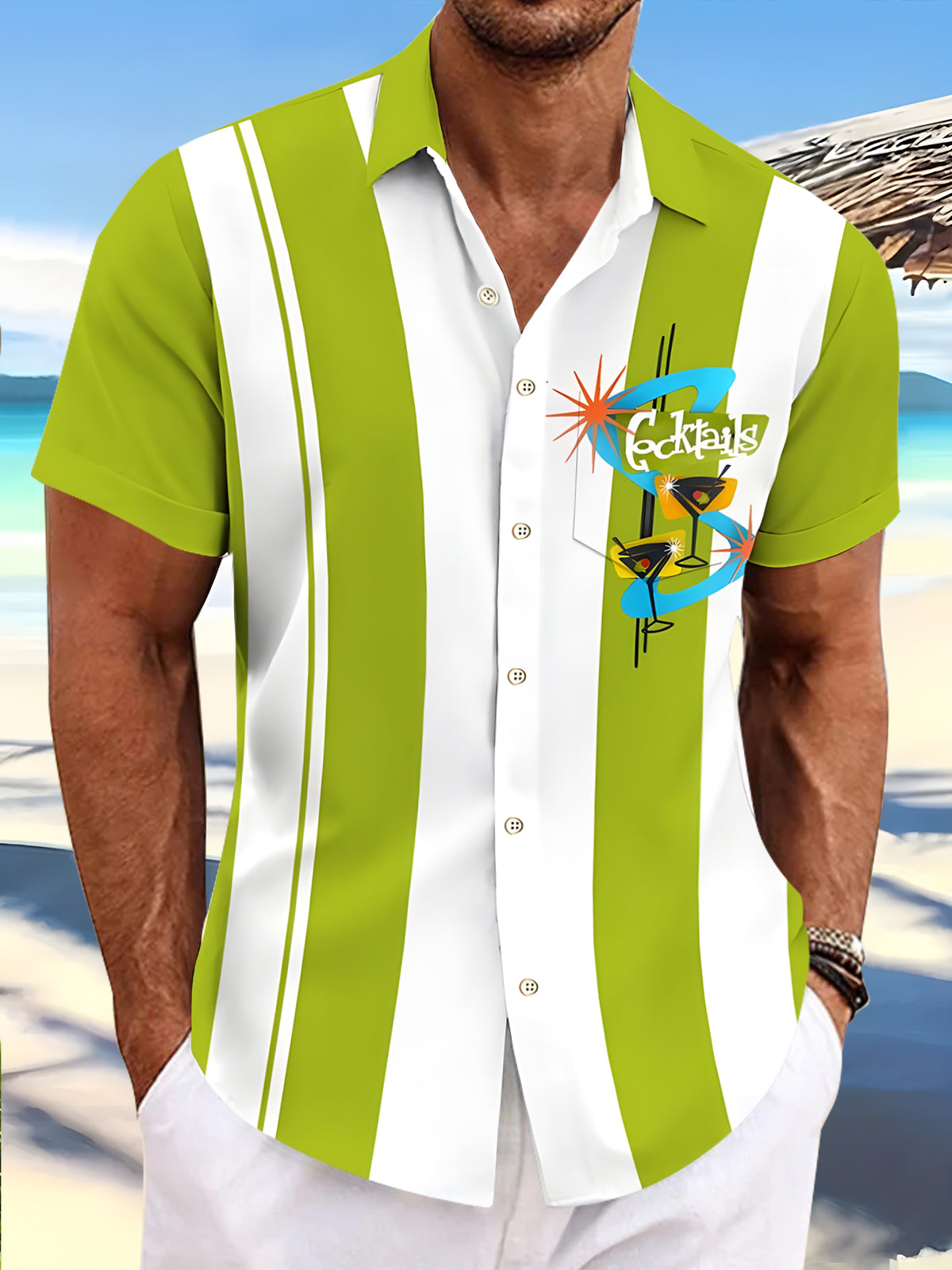 men's Hawaiian shirt front view tropical beach vacation