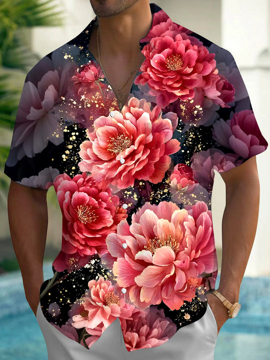 Men's floral short sleeve Hawaiian shirt front view for tropical beach vacation