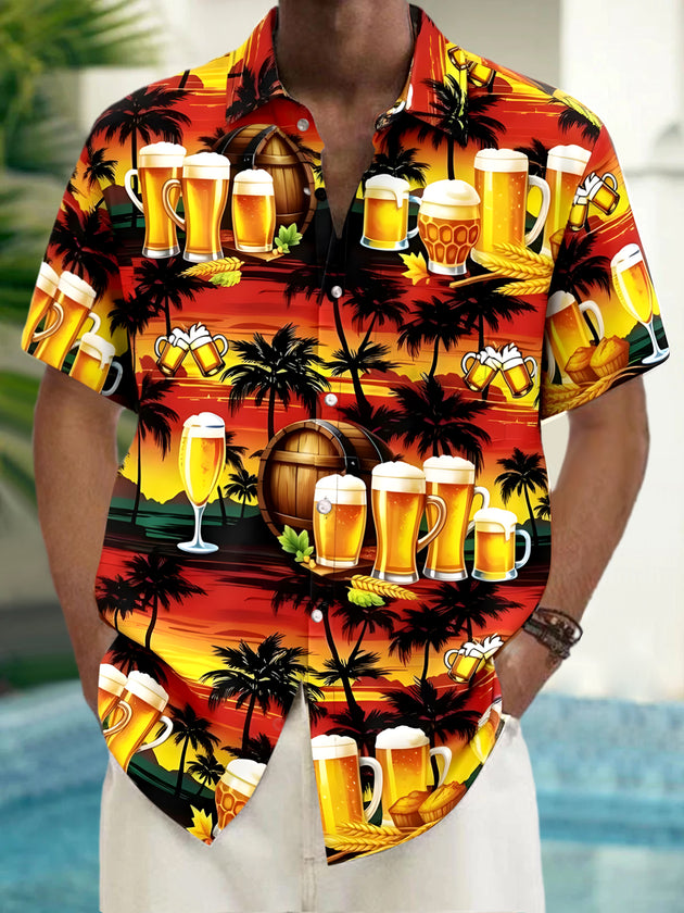 Men's Hawaiian coconut tree print short sleeve shirt front view for tropical beach vacation