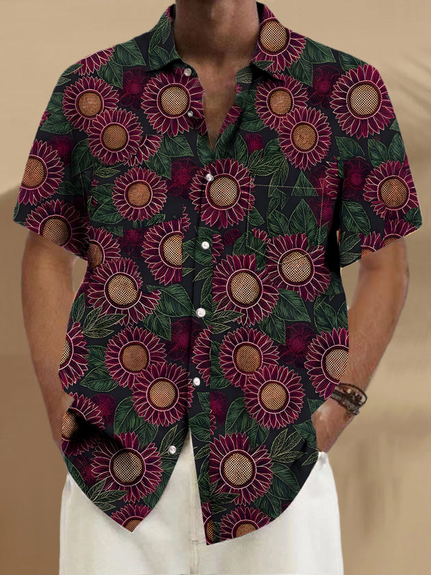 Men's floral short sleeve Hawaiian shirt front view for tropical beach vacation