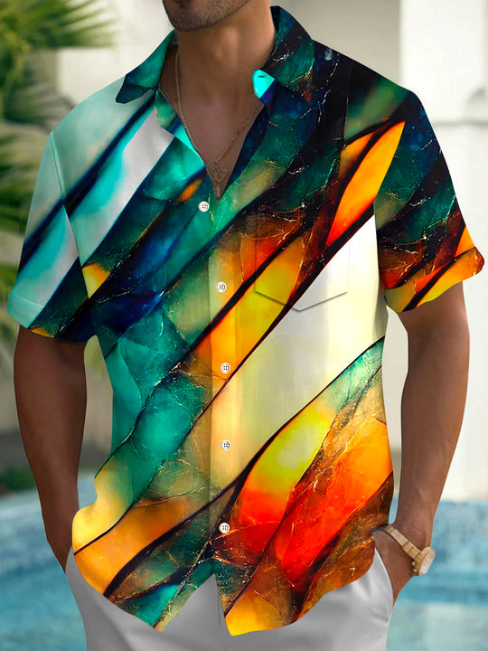 Men's retro print short sleeve pocket shirt front view