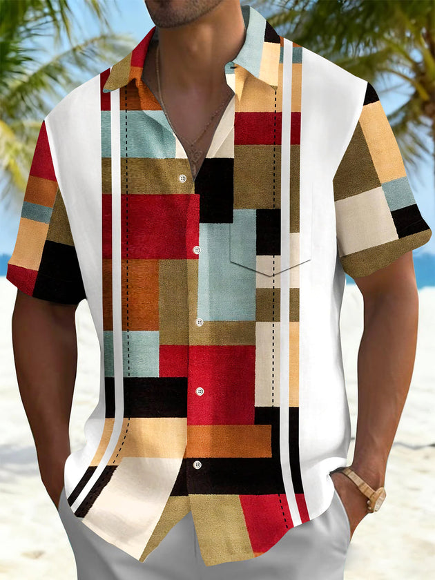 Men's geometric pocket short sleeve shirt front view