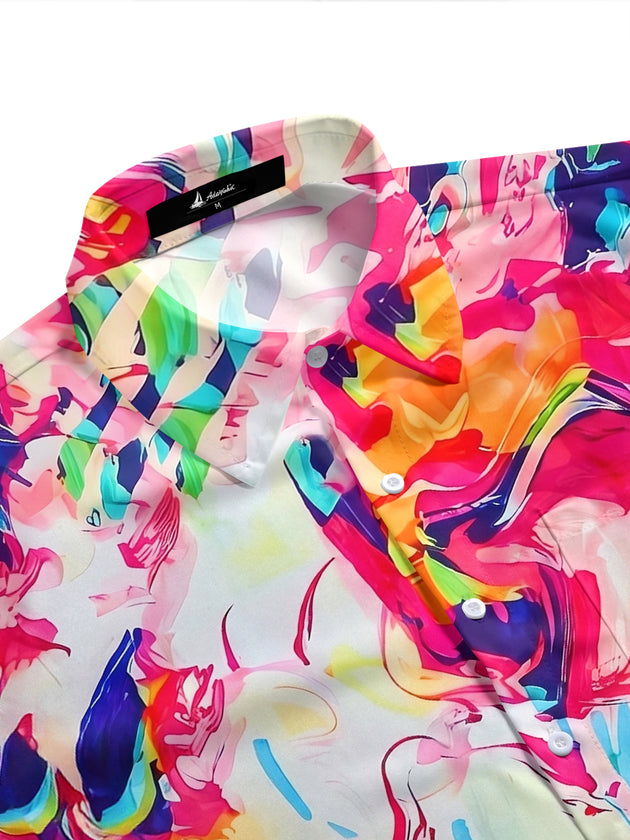 Adaychic Men's Abstract Swirl Graphic Print Short Sleeve Button Down Shirt with Chest Pocket