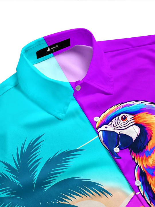 Adaychic Men's Hawaiian Macaw Parrot And Palm Trees Print Short Sleeve Shirt with Chest Pocket