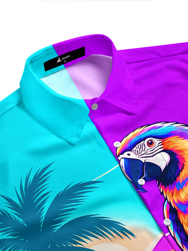 Adaychic Men's Hawaiian Macaw Parrot And Palm Trees Print Short Sleeve Shirt with Chest Pocket