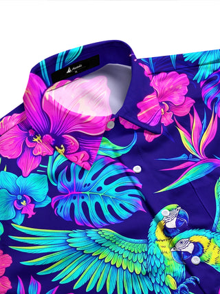 Adaychic Men's Neon Parrots And Tropical Flowers Print Long Sleeve Shirt with Chest Pocket
