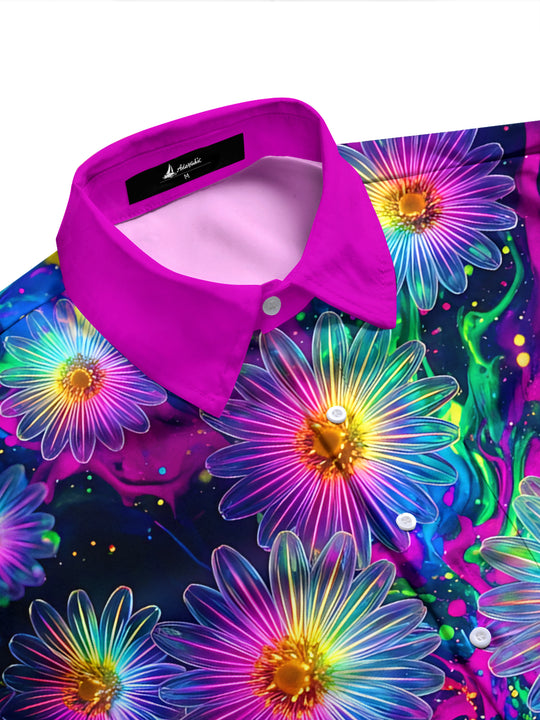 Adaychic Men's Hawaiian Neon Daisy Flowers Print Long Sleeve Shirt with Chest Pocket