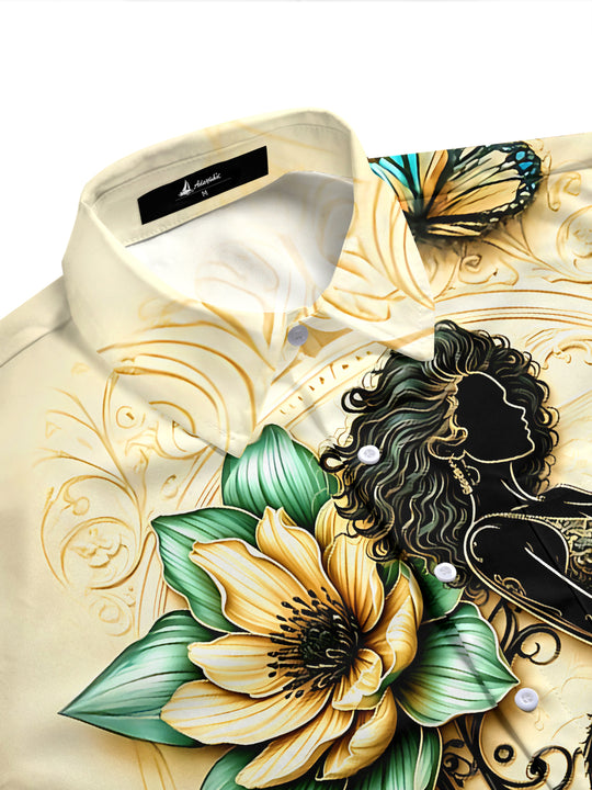 Adaychic Art Music Guitarist Piano Floral Butterfly Men's Short Sleeve Shirt with Chest Pocket
