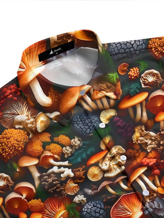 Adaychic Men's Hawaiian Mushroom Forest Print Short Sleeve Shirt with Chest Pocket