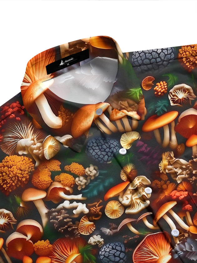 Adaychic Men's Hawaiian Mushroom Forest Print Short Sleeve Shirt with Chest Pocket