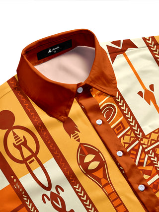 Adaychic Men's Hawaiian Tribal Geometric Pattern Short Sleeve Shirt with Chest Pocket