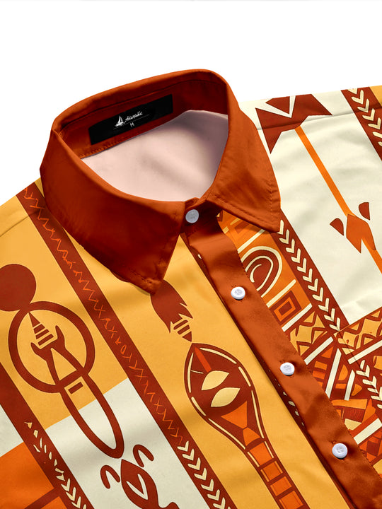 Adaychic Men's Hawaiian Tribal Geometric Pattern Short Sleeve Shirt with Chest Pocket