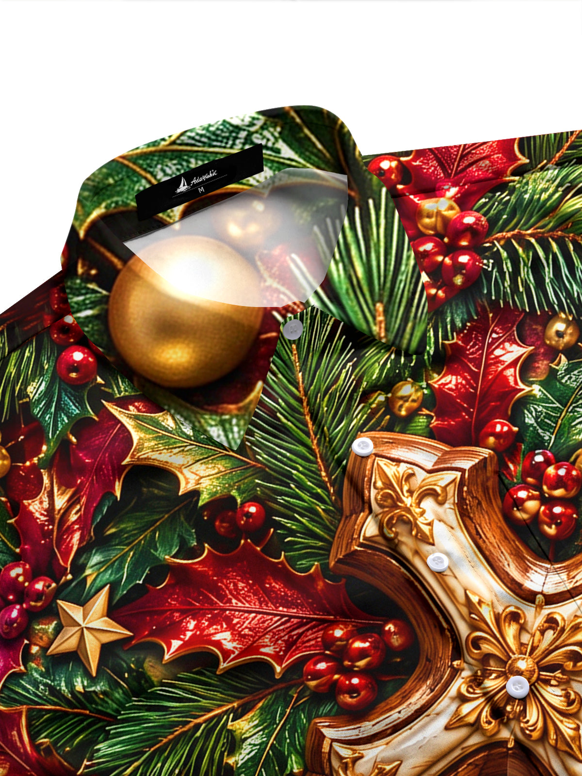 Adaychic Men's Long Sleeve Shirt - Christmas 3D Cross With Holly Leaves And Berries Print with Chest Pocket