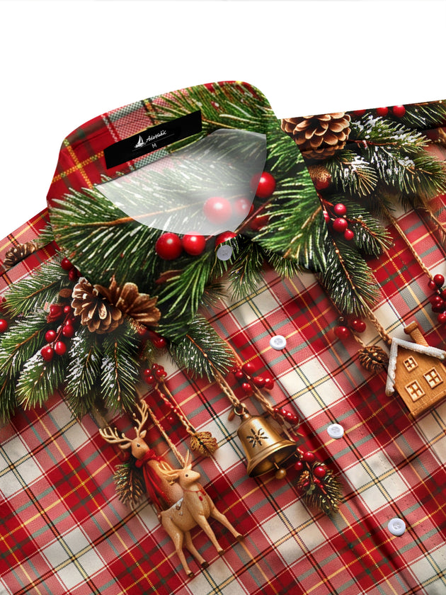 Adaychic Men's Long Sleeve Shirt - Christmas Plaid With Pine Branches And Ornaments Print with Chest Pocket
