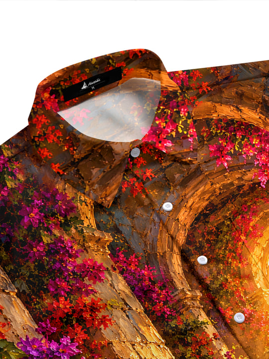 Adaychic Men's Hawaiian Floral Archway And Stone Steps Print Short Sleeve Shirt with Chest Pocket