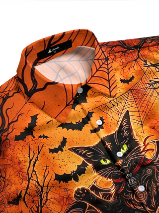 Adaychic Men's Halloween Black Cat With Bats And Castle Print Long Sleeve Shirt with Chest Pocket