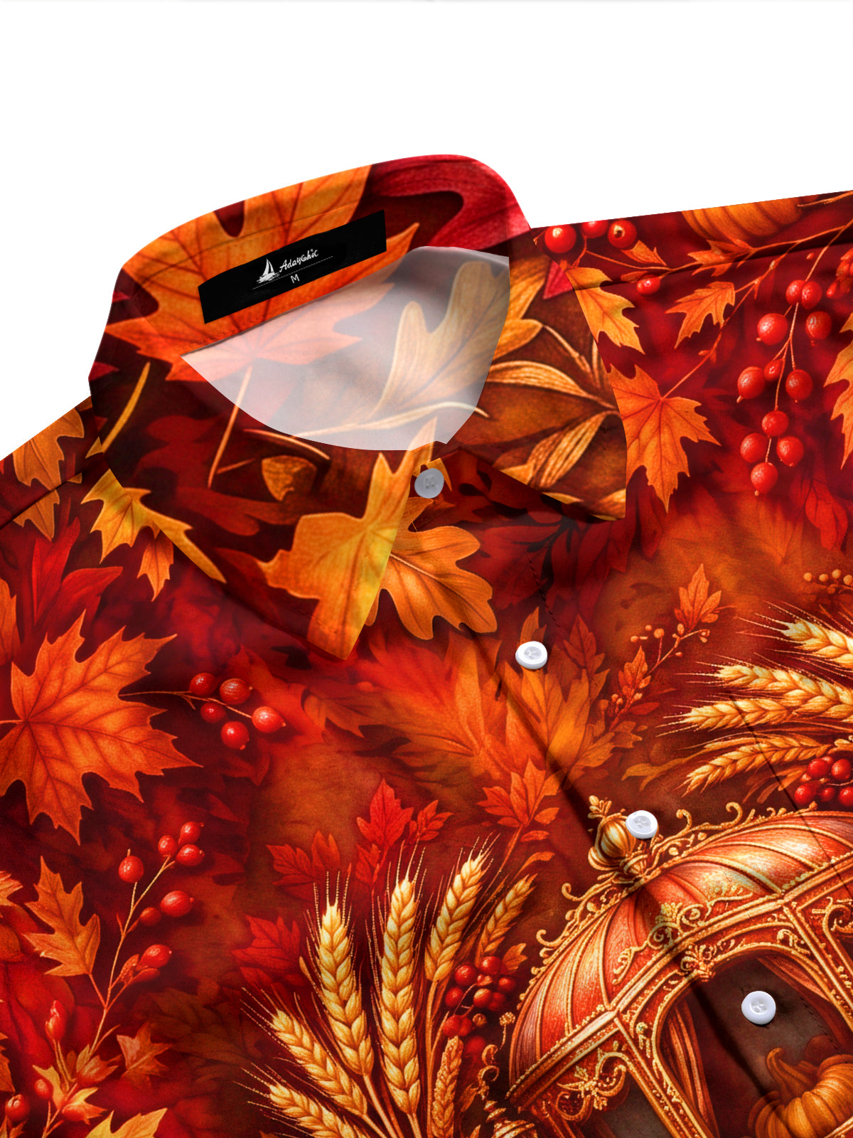 Adaychic Men's Autumn Carriage With Pumpkins And Leaves Print Long Sleeve Shirt with Chest Pocket
