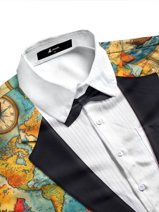Adaychic Men's Vintage Map And Compass Print Long Sleeve Shirt with Chest Pocket