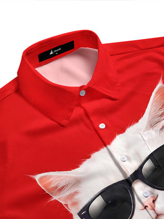 Adaychic Men's Graphic Cat In Suit And Sunglasses Print Short Sleeve Shirt with Chest Pocket