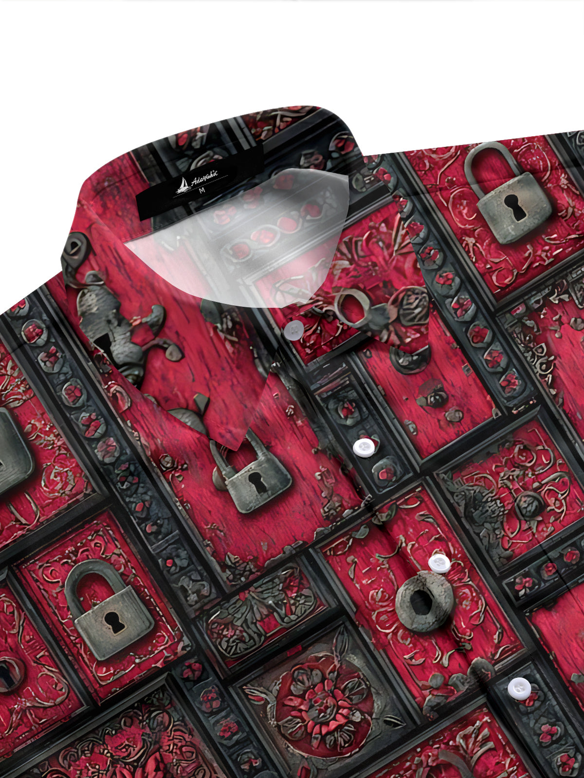 Adaychic Men's Vintage Style Vintage Padlock Pattern Short Sleeve Shirt with Chest Pocket