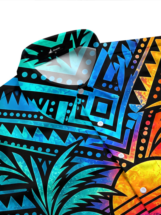 Adaychic Men's Geometric Sunset And Palm Trees Print Short Sleeve Shirt with Chest Pocket
