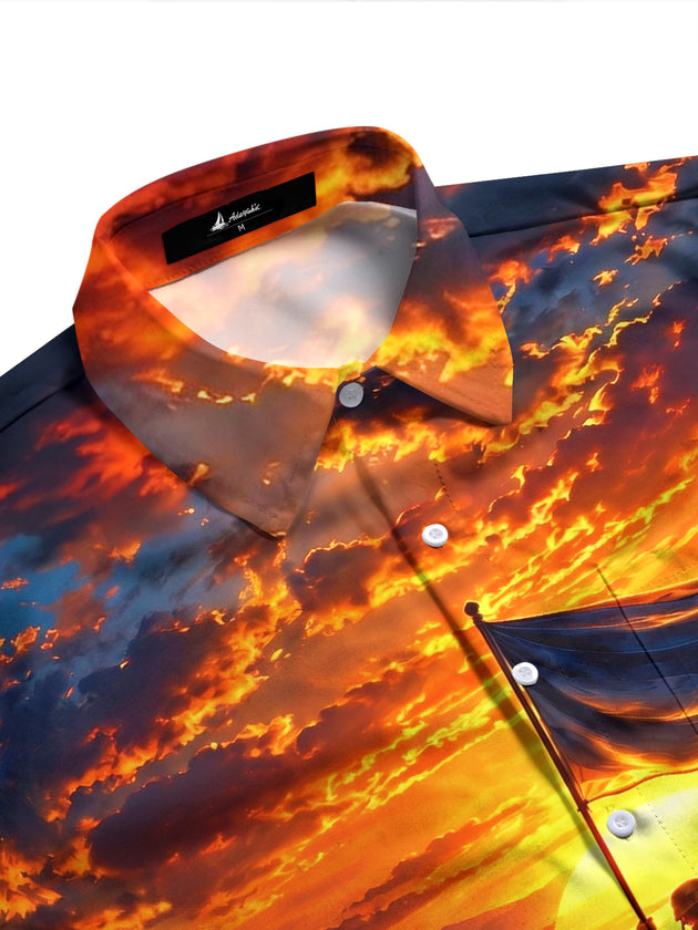 Adaychic Men's Veterans Day Soldiers And Flag At Sunset Print Long Sleeve Shirt with Chest Pocket