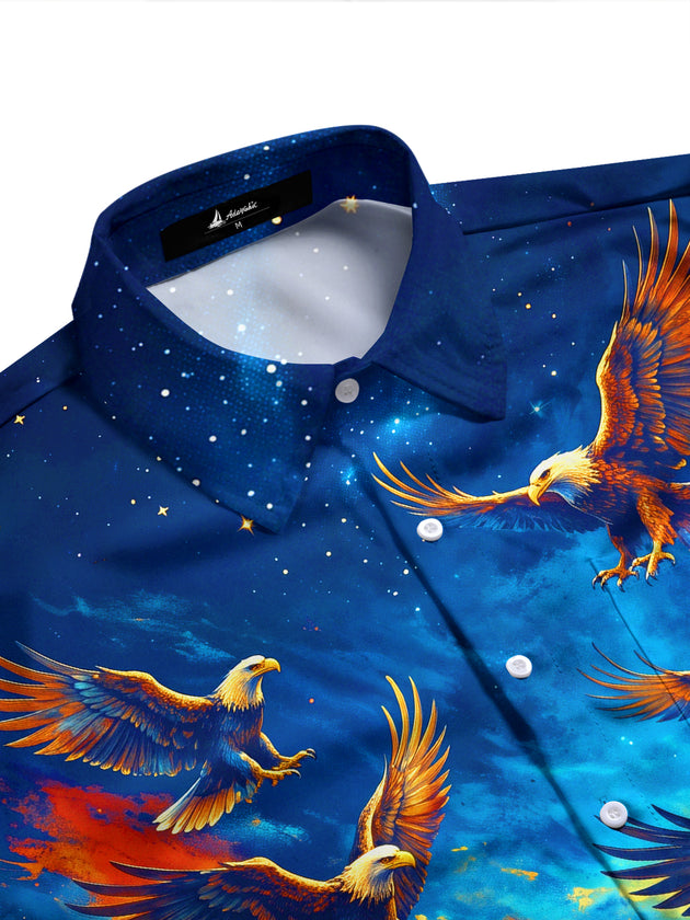 Adaychic Men's Bald Eagles In Starry Sky Print Long Sleeve Stand Collar Shirt