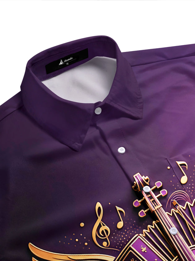 Adaychic Men's Graphic Musical Instruments Print Wings Print Short Sleeve Shirt with Chest Pocket