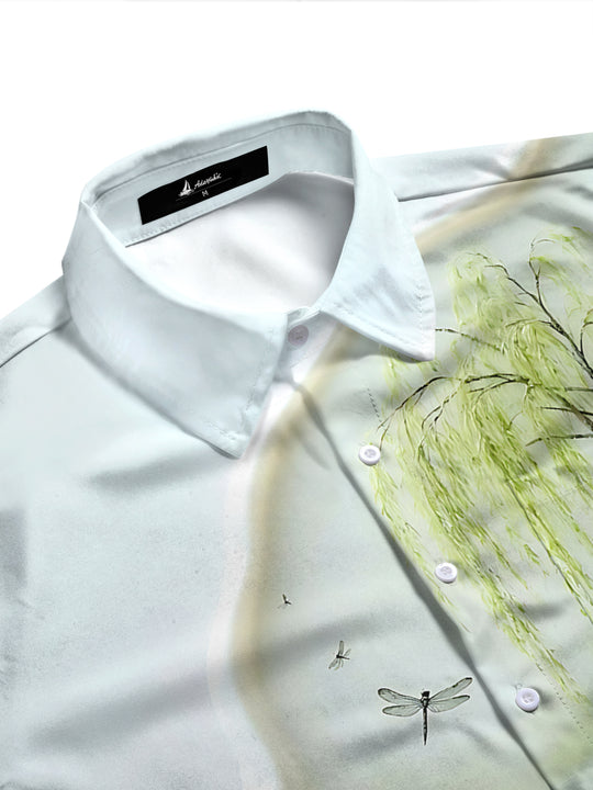 Adaychic Men's Printed Lotus Pond Landscape Print Long Sleeve Shirt with Chest Pocket