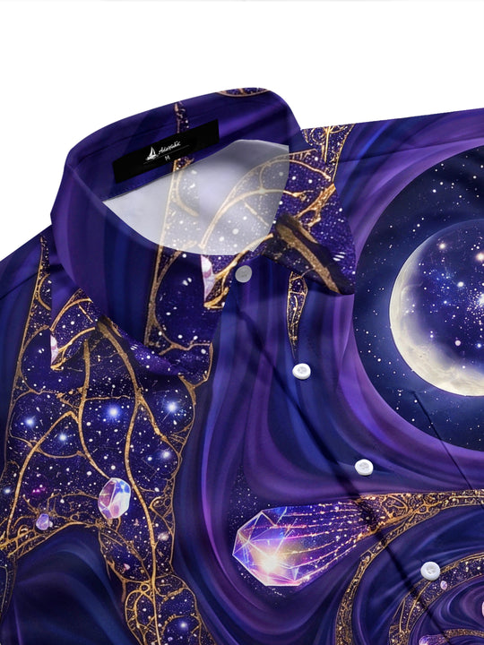 Adaychic Men's Hawaiian Crystal Gems And Space Planets Print Short Sleeve Shirt with Chest Pocket