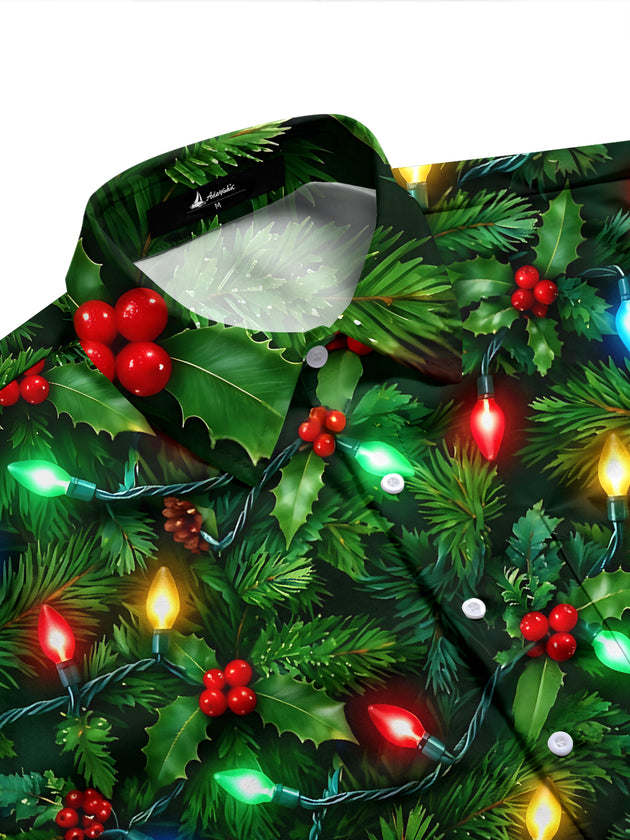 Adaychic Men's Long Sleeve Shirt - Christmas Light Strings With Pinecones And Holly Print with Chest Pocket