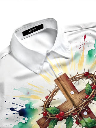 Adaychic Men's Long Sleeve Shirt - Christmas Religious Cross With Crown Of Thorns And Holly Print with Chest Pocket