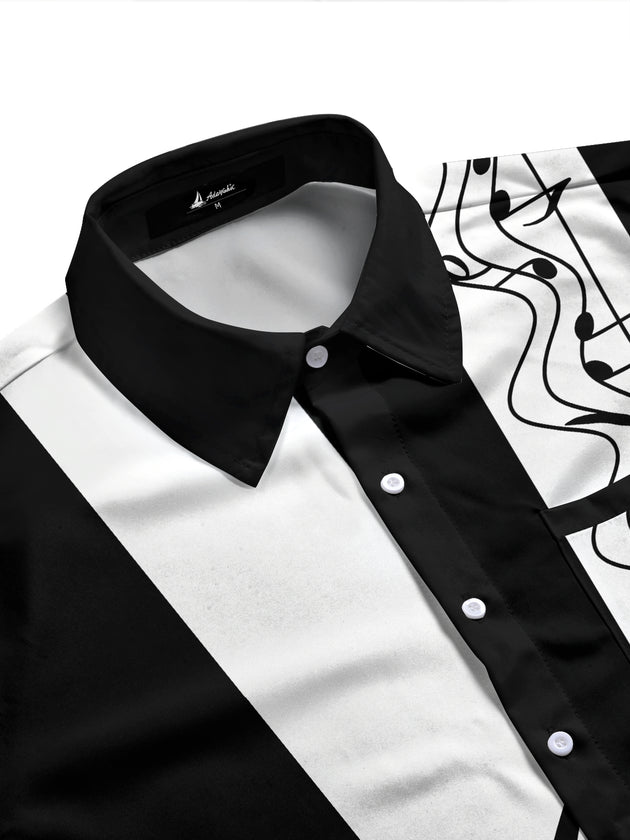 Adaychic Men's Graphic Musical Notes Print Long Sleeve Shirt with Chest Pocket