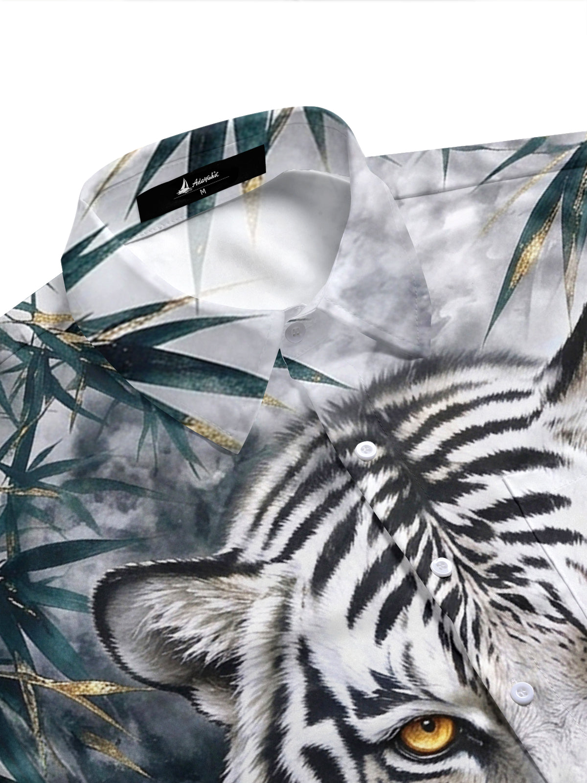 Adaychic Men's Hawaiian White Tiger Face Print Short Sleeve Shirt with Chest Pocket