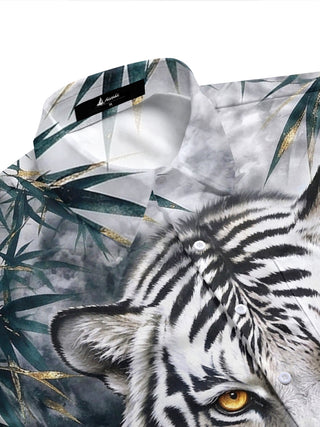 Adaychic Men's Hawaiian White Tiger Face Print Short Sleeve Shirt with Chest Pocket